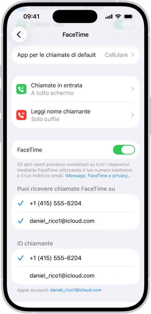 La schermata delle impostazioni di FaceTime, con l’opzione “App per le chiamate di default”, il controllo per attivare o disattivare FaceTime e l’Apple Account usato per FaceTime.