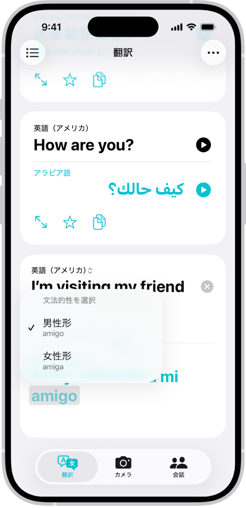 「翻訳」タブ。英語からスペイン語に翻訳したフレーズが表示されています。性による変化形のある単語が下に灰色で強調表示されます。