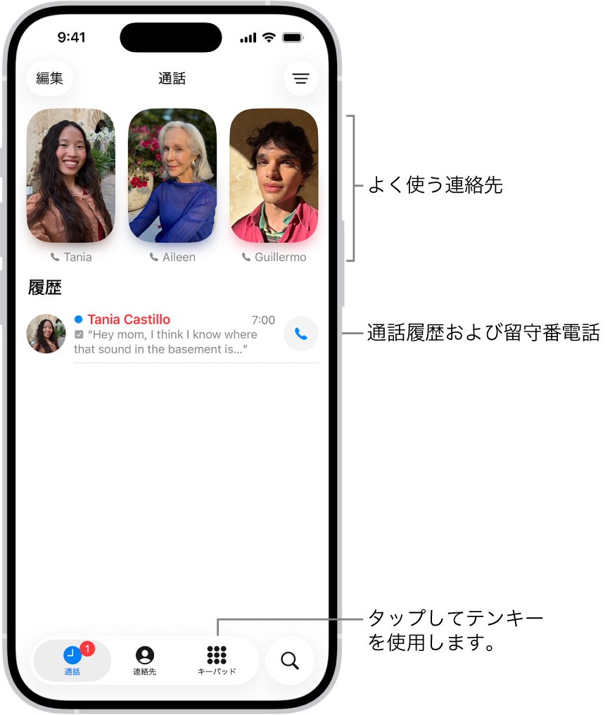 電話アプリの「通話」タブ。統合レイアウトになっています。上部によく使う連絡先が表示されています。「よく使う項目」の下には最近の通話と留守番電話のリストがあります。「通話」タブ、「連絡先」タブ、「キーバッド」タブを表示するボタンが下部に表示されています。右下隅には「検索」ボタンがあります。