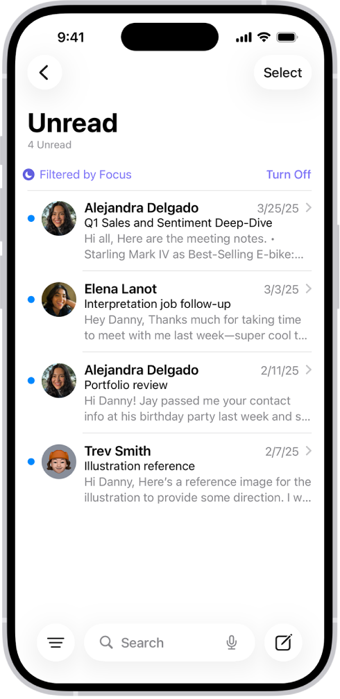 Хабарлардың тізімін көрсетіп тұрған Inbox. Хабарлар тізімінің жоғарғы жағындағы — «»Зейін қою« арқылы сүзгіленді» белгісі, ал оның оң жағындағы «Өшіру» параметрі.