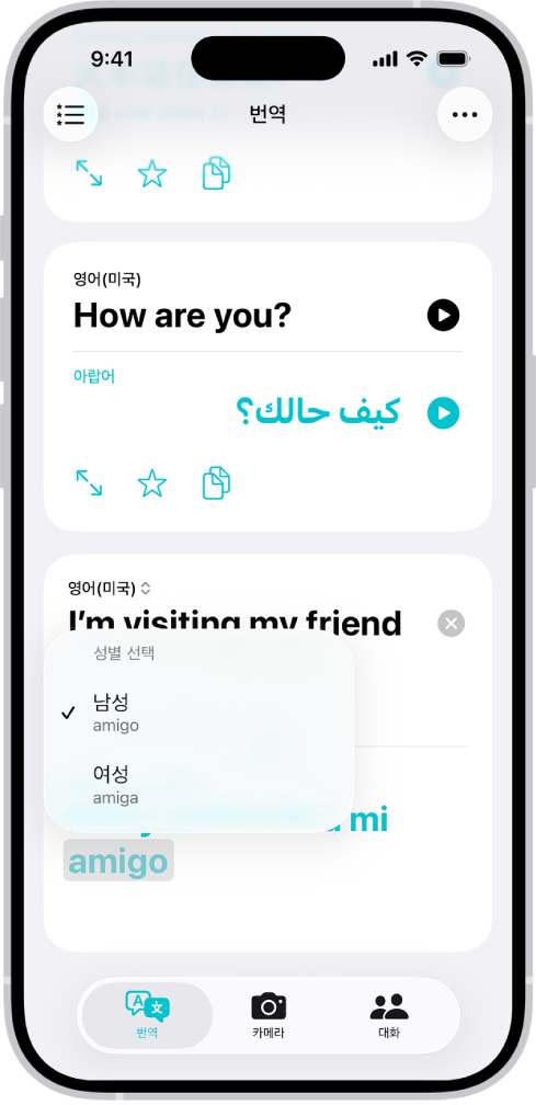 영어에서 스페인어로 문구가 번역되어 있고 회색으로 하이라이트된 단어에 여러 성별 옵션이 표시되어 있는 번역 탭.