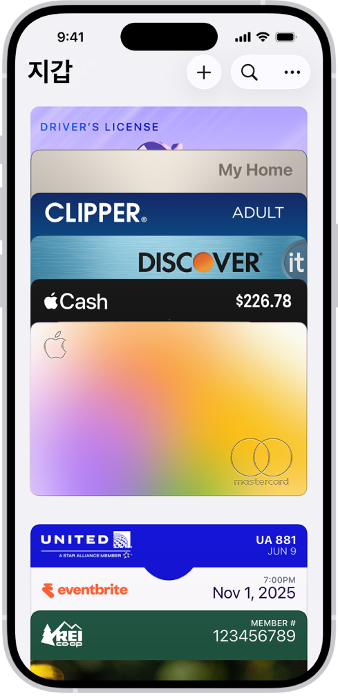 여러 개의 카드 및 패스를 보여주는 지갑 화면.