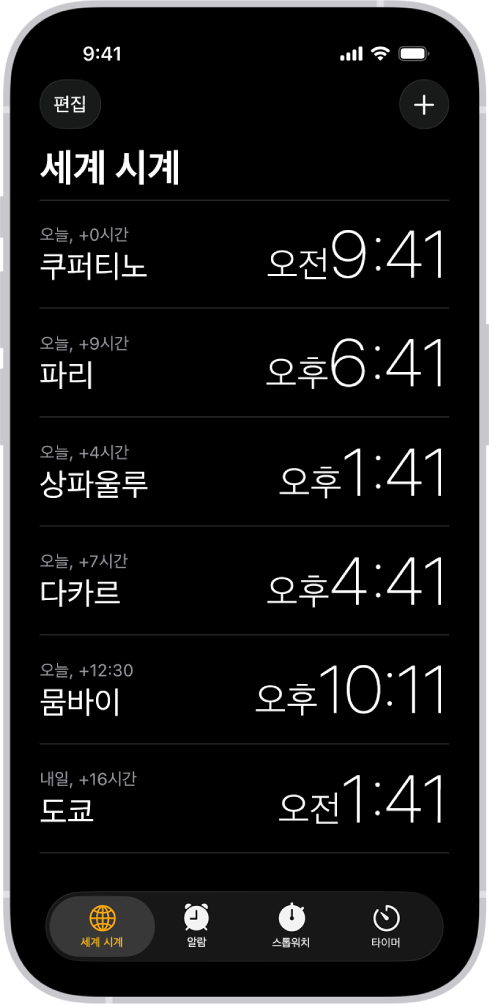 여러 도시의 시간을 볼 수 있는 세계 시계 탭. 왼쪽 상단 모서리 부근의 편집 버튼을 통해 시계를 재정렬하거나 삭제할 수 있습니다. 오른쪽 상단 모서리 부근의 추가 버튼을 통해 시계를 더 추가할 수 있습니다. 하단에 나열된 세계 시계, 알람, 스톱워치 및 타이머 버튼.