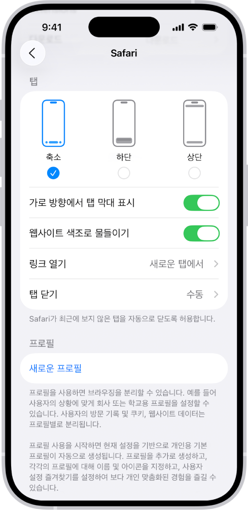 세 가지 Safari 레이아웃 옵션 축소, 하단, 상단이 표시된 화면.