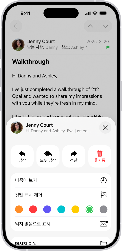 절반을 차지하는 화면의 하단에 깃발 표시 제거 버튼 및 깃발 색상 선택 옵션을 포함한 답장 옵션이 표시되어 있는 메시지.