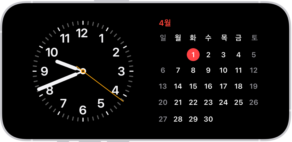 가로로 돌린 iPhone. 화면 왼쪽에는 시계, 오른쪽에는 날짜가 표시됨.