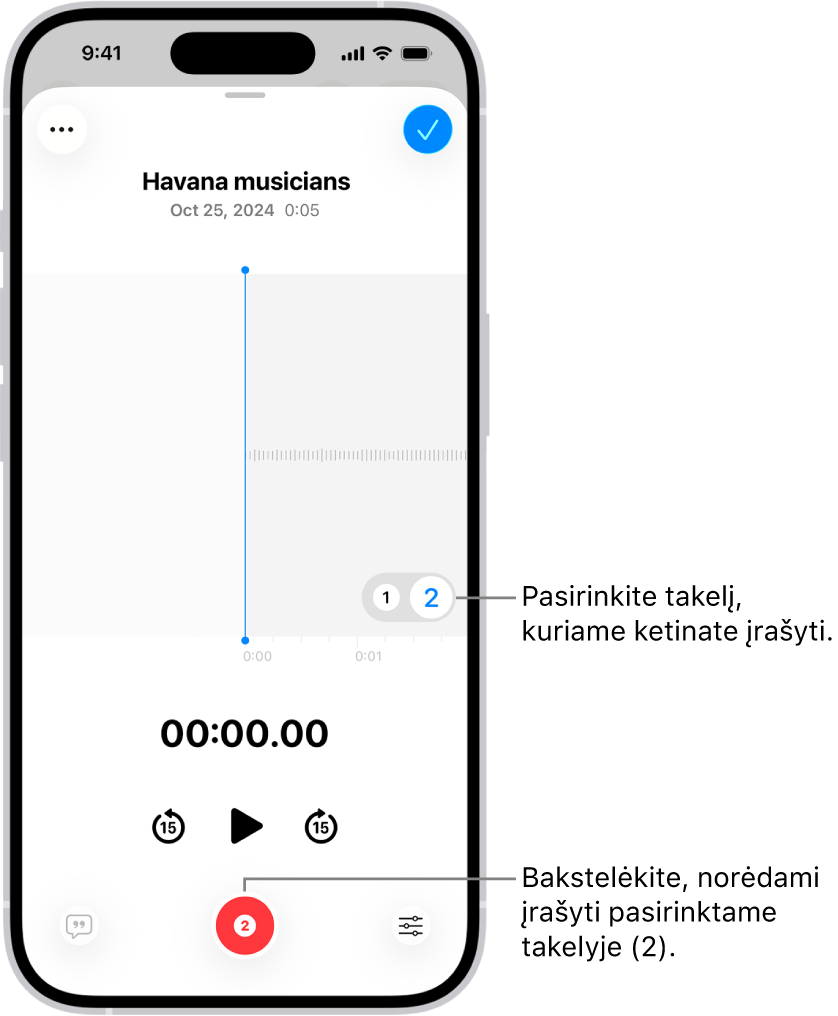 Ekranas, skirtas įrašyti papildomą takelį programoje „Balso pastabos“.