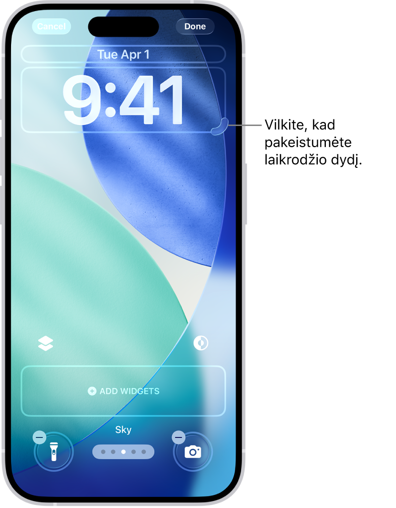 Redaguojamas pritaikytas užrakinimo ekranas. Elementai, kuriuos galima pritaikyti, – data, laikas ir valdiklių įtraukimo mygtukas.