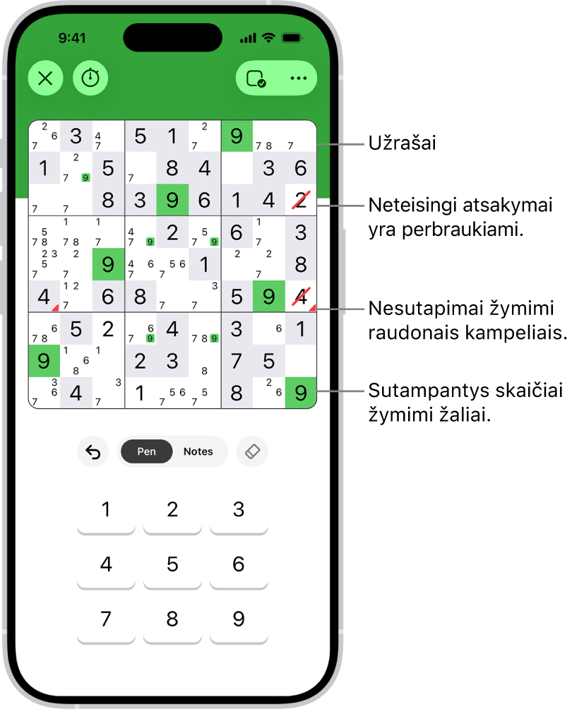 „Sudoku“ galvosūkis ir kelios įjungtos funkcijos: „Užrašai“, „Pažymėti atitinkančius skaičius“, „Rodyti konfliktus“ ir „Tikrinti automatiškai“.