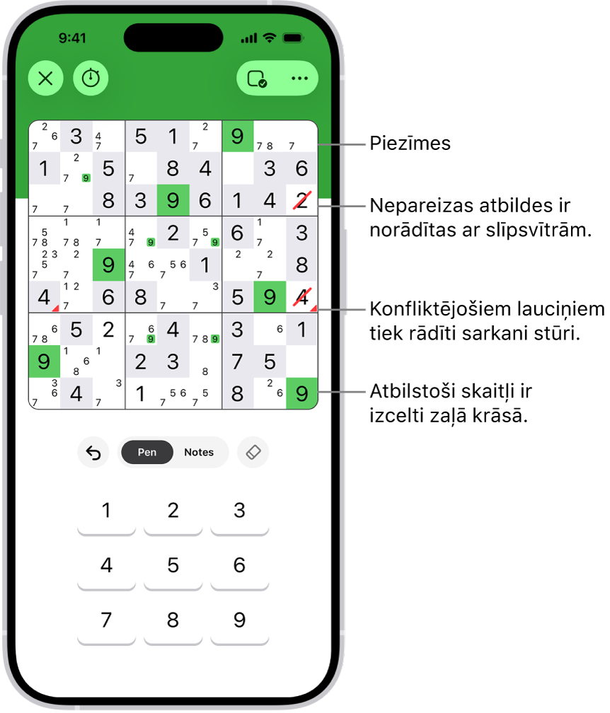 Sudoku mīkla ar dažādām ieslēgtām funkcijām: Notes, Highlight Matching Numbers, Show Conflicts un Autocheck.