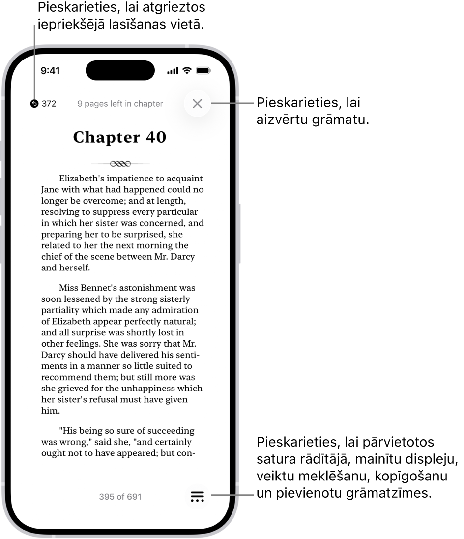 Grāmatas lappuses lietotnē Books. Ekrāna augšdaļā ir pogas, lai atgrieztos lappusē, kurā sākāt lasīšanu, kā arī pogas grāmatas aizvēršanai. Ekrāna apakšējā labajā stūrī ir poga Menu.