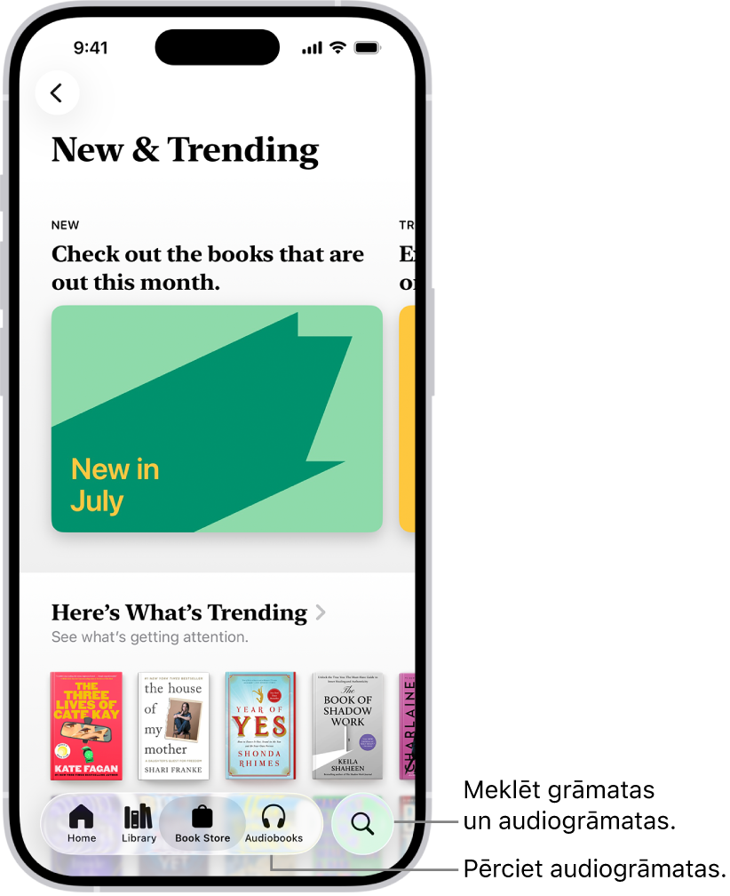 Lietotnē Books ir atvērts ekrāns Book Store. Ekrāna apakšdaļā no kreisās puses uz labo ir cilnes Home, Library, Book Store, Audiobooks un Search. Cilne Book Store ir atlasīta.