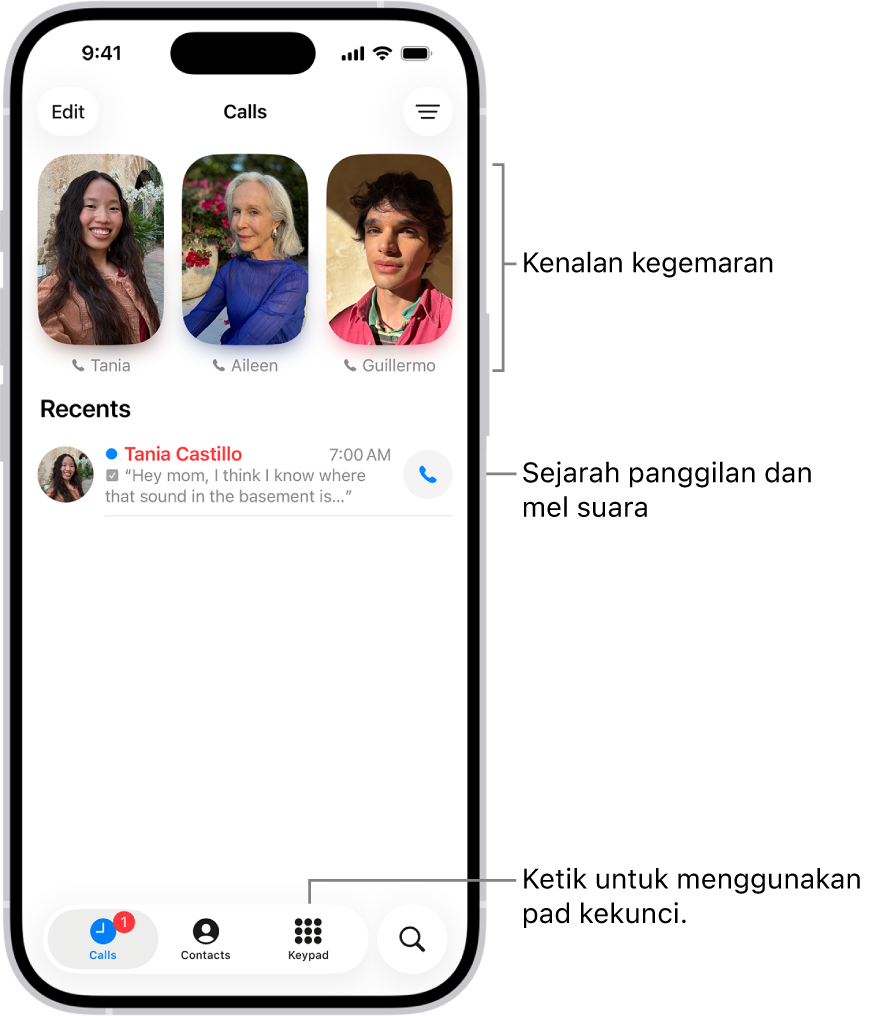 Tab Panggilan dalam app Telefon dalam tataletak Disatukan. Kenalan kegemaran kelihatan di bahagian atas. Di bawah Kegemaran ialah senarai panggilan terbaharu dan mel suara. Butang untuk melihat tab Panggilan, Kenalan dan Pad Kekunci kelihatan di bahagian bawah. Butang Cari berada di penjuru kanan bawah.