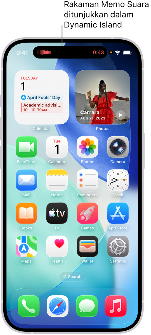 Skrin Utama iPhone 14 Pro, menunjukkan rakaman Memo Suara langsung dalam Dynamic Island di bahagian atas skrin.