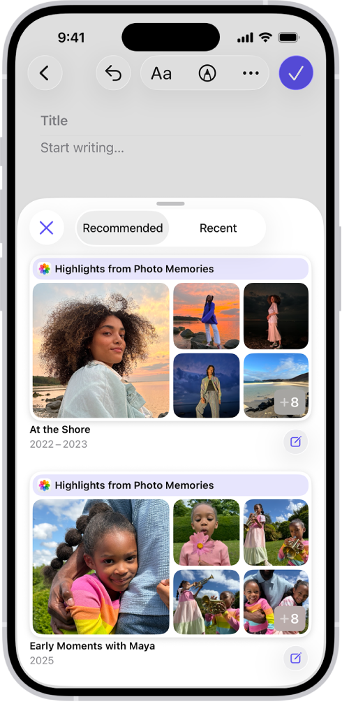 Skrin dalam app Jurnal menunjukkan serlahan foto sebagai cadangan penjurnalan.