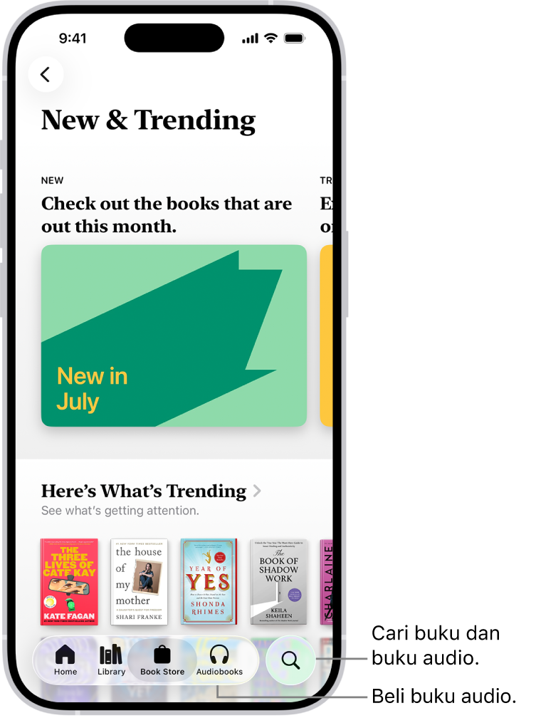 Skrin Kedai Buku dalam app Buku. Di bahagian bawah skrin ialah, dari kiri ke kanan, tab Laman Utama, Pustaka, Kedai Buku, Buku Audio dan Cari. Tab Kedai Buku dipilih.
