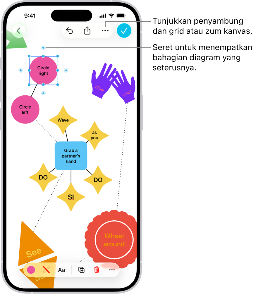 Gambar rajah pada papan Freeform, dengan penyambung ditunjukkan pada bentuk dipilih dan alat pemformatan bentuk kelihatan di bahagian bawah skrin.