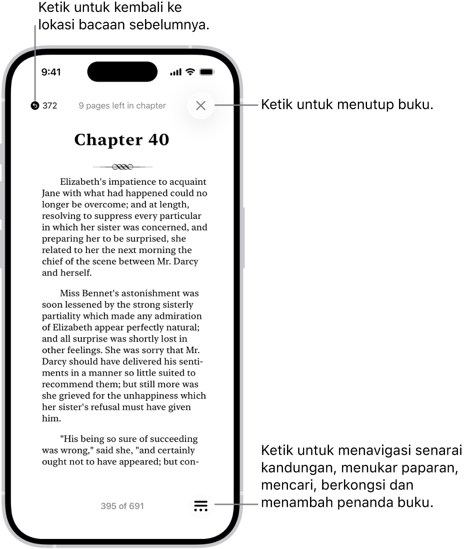 Halaman buku dalam app Buku. Di bahagian atas skrin ialah butang untuk kembali ke halaman yang anda mula membaca dan untuk menutup buku. Di bahagian kanan bawah skrin ialah butang Menu.