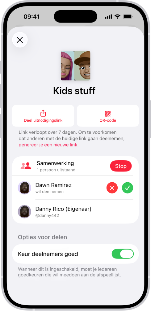 Het scherm 'Beheer samenwerking' in de Muziek-app.