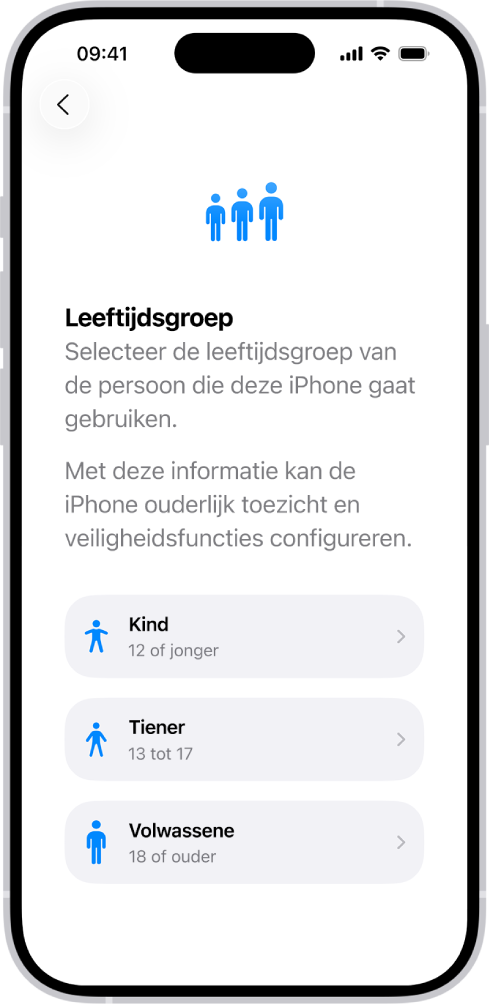 Het configuratiescherm 'Leeftijdsgroep'. Er worden drie leeftijdsgroepen genoemd: 'Kind (12 of jonger)', 'Tiener (13 tot 17)' en 'Volwassene (18 of ouder).