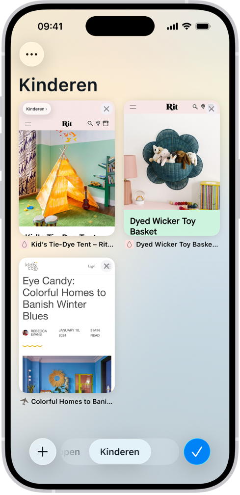 Voorvertoningen van drie geopende tabbladen in een tabbladgroep met de naam 'Kids'.