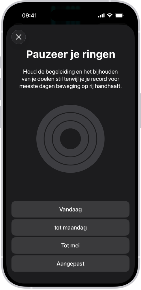 Het scherm 'Pauzeer je ringen' in Conditie, met opties om je activiteitsringen te pauzeren.