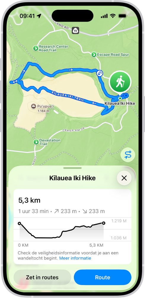 Een overzicht van een wandeltocht die je kunt downloaden, met afstand, hoogteprofiel, geschatte tijdsduur en opties om de wandeltocht te bewaren of een routebeschrijving naar het beginpunt op te vragen.