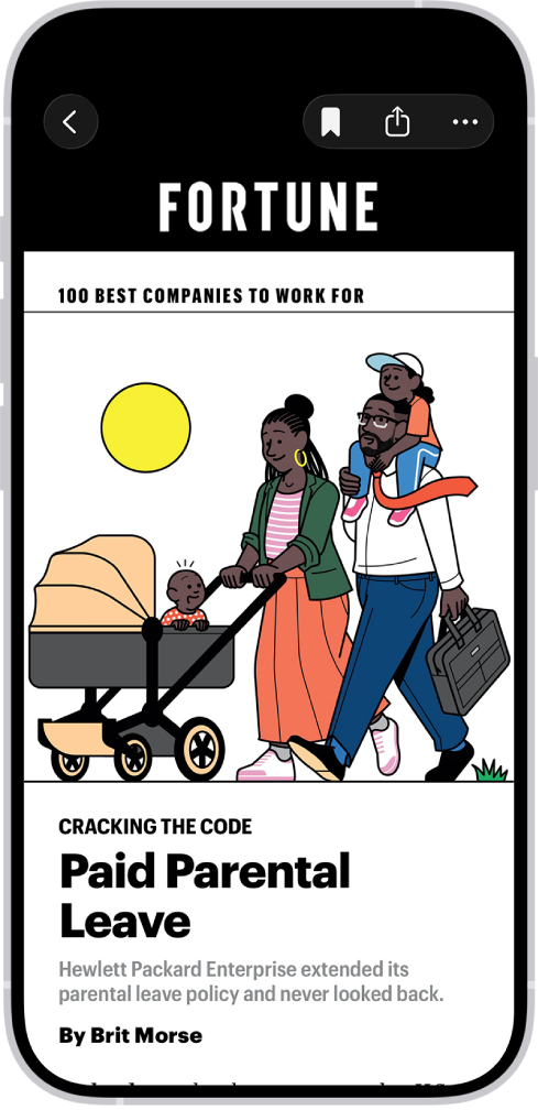 Een artikel in Apple News. In de linkerbovenhoek van het scherm staat de terugknop, waarmee je teruggaat naar het zakelijke nieuws. Rechtsbovenin staan de knoppen 'Bewaar', 'Deel' en 'Meer'.