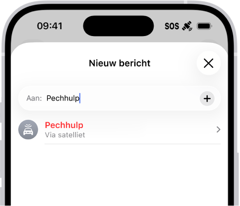 Een nieuw bericht gericht aan "pechhulp". Daaronder staat een link voor 'Pechhulp via satelliet'.