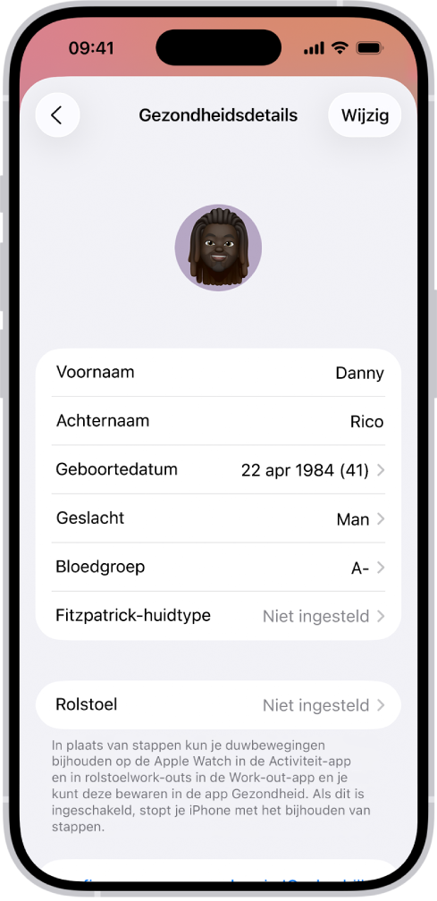 Het scherm 'Gezondheidsdetails', met velden voor naam, geboortedatum, bloedgroep en andere informatie.