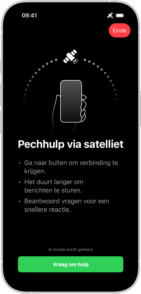 Het scherm van 'Pechhulp via satelliet'. De knop 'Vraag om hulp' staat onder in het scherm.
