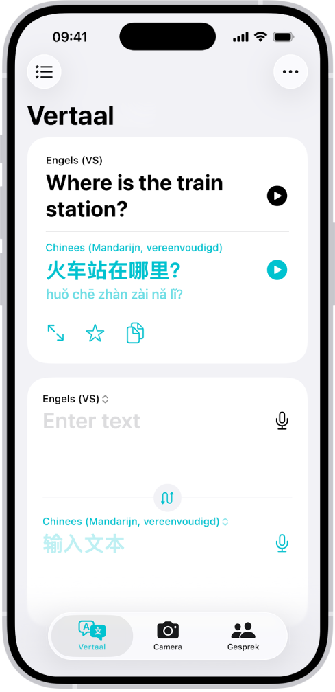 Het tabblad 'Vertaal', met een zin die van het Engels naar het Chinees is vertaald. Linksbovenin staat de knop 'Favorieten'. Rechtsbovenin staat de knop 'Meer'. Onderin staan van links naar rechts de knoppen 'Vertaal', 'Camera' en 'Gesprek'.