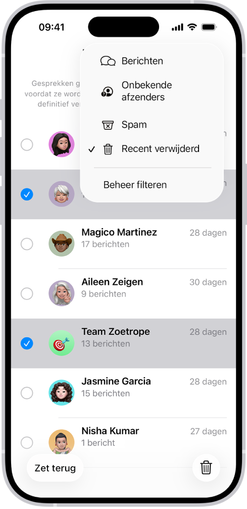 Een lijst met onlangs verwijderde berichten waarin twee gesprekken zijn geselecteerd, en onder in het scherm twee opties: 'Zet terug' en 'Verwijder definitief'.