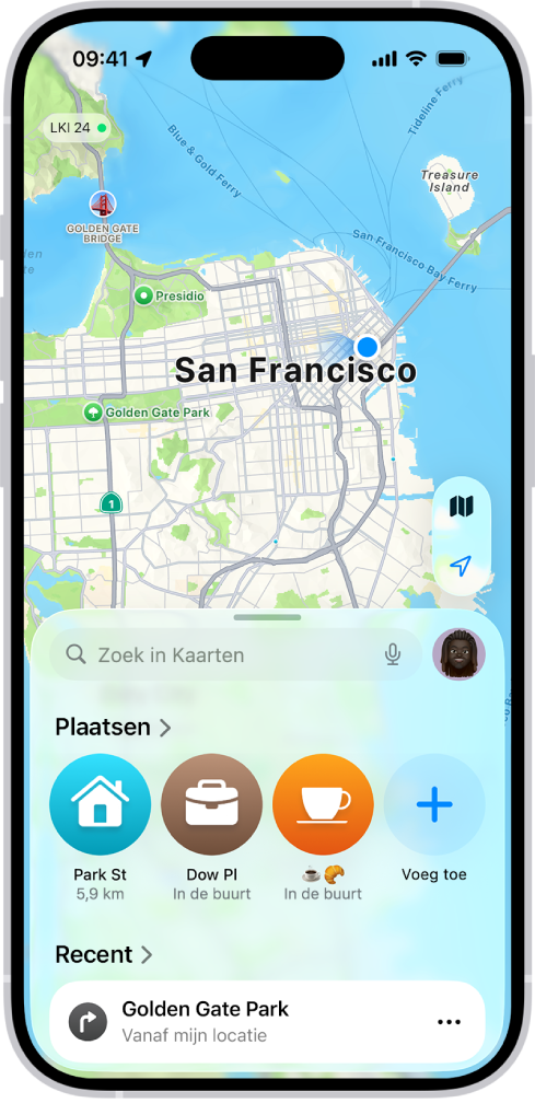 De Kaarten-app met spelden in 'Plaatsen' en 'Recent'.