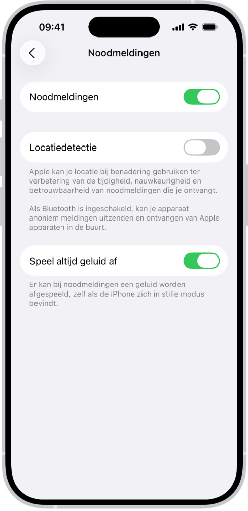 Het noodmeldingenscherm waarin de opties 'Noodmeldingen', 'Locatiedetectie' en 'Speel altijd geluid af' zijn ingeschakeld.