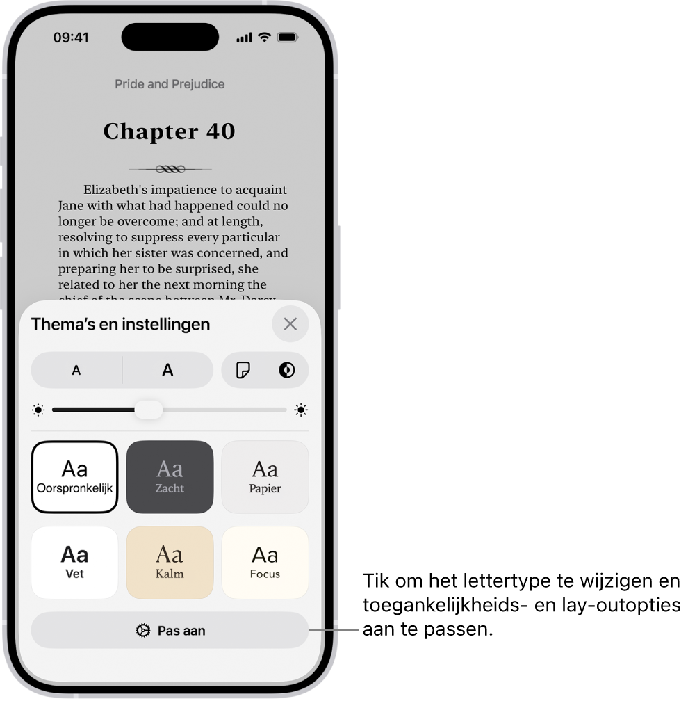 Een pagina van een boek in de Boeken-app. De opties van 'Thema's en instellingen', met regelaars voor de lettergrootte, de schuifweergave, de stijl voor het omslaan van pagina's, de helderheid en lettertypestijlen.
