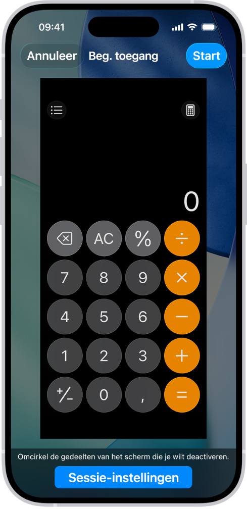 Een iPhone-scherm waarop 'Begeleide toegang' wordt geconfigureerd. De iPhone biedt tijdelijk alleen toegang tot de Rekenmachine-app en een van de knoppen in de app is uitgeschakeld.