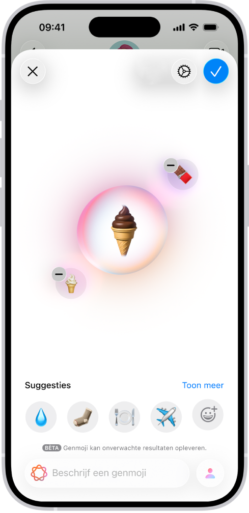 Het Genmoji-venster met een aangemaakte genmoji van een ijsje.