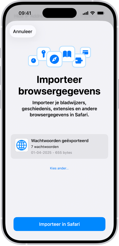 Het scherm voor het importeren van browsergegevens, met het CSV-bestand met de wachtwoorden die vanuit een andere wachtwoordbeheerder worden geïmporteerd.