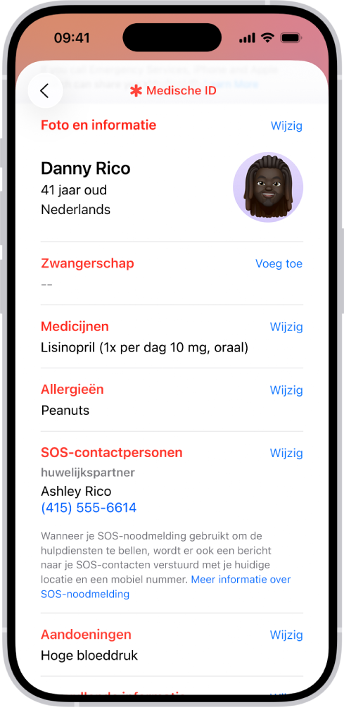 Een scherm van je medische ID, met gegevens zoals geboortedatum, medicijnen, allergieën, contactpersonen voor noodgevallen en medische aandoeningen.