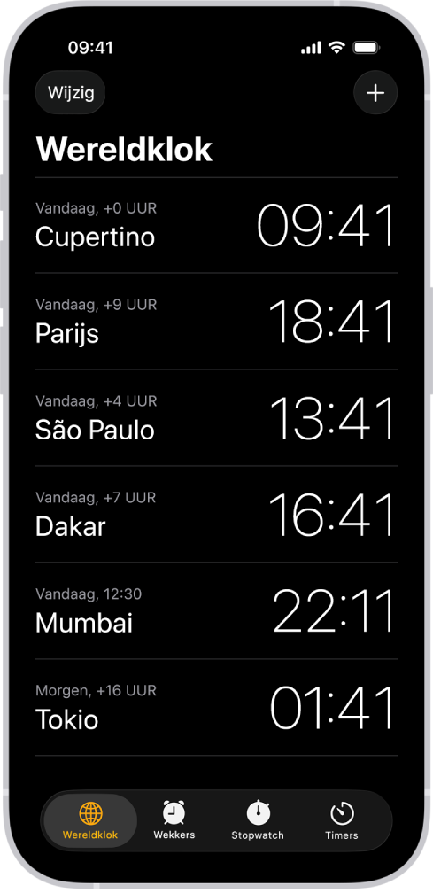 In het tabblad 'Wereldklok' zie je hoe laat het in allerlei steden is. Met de knop 'Wijzig' in de linkerbovenhoek kun je klokken anders rangschikken of verwijderen. Met de knop 'Toevoegen' in de rechterbovenhoek kun je meer klokken toevoegen. Onderin zie je de knoppen 'Wereldklok', 'Wekker', 'Stopwatch' en 'Timer'.
