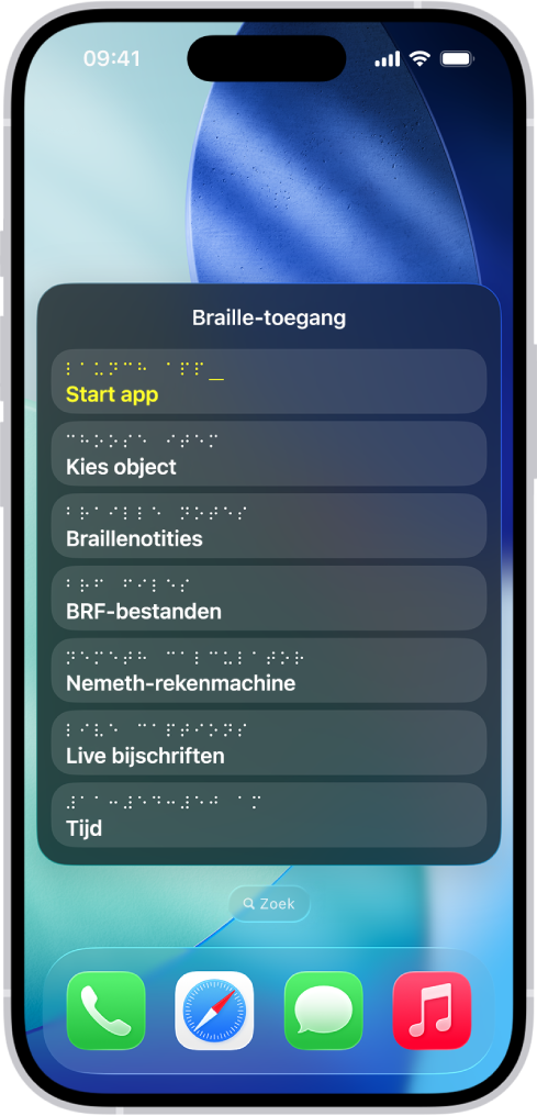 Een iPhone waarop het menu 'Brailletoegang' is geopend, met de volgende opties: 'Start app', 'Kies object', 'Braillenotities', 'BRF-bestanden', 'Rekenmachine', 'Live bijschriften' en 'Tijd'.