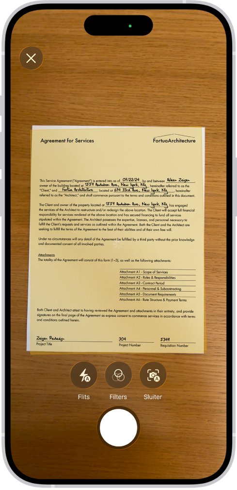 Een scherm met een document dat wordt gescand. De knop 'Maak foto' bevindt zich in het midden onderin.