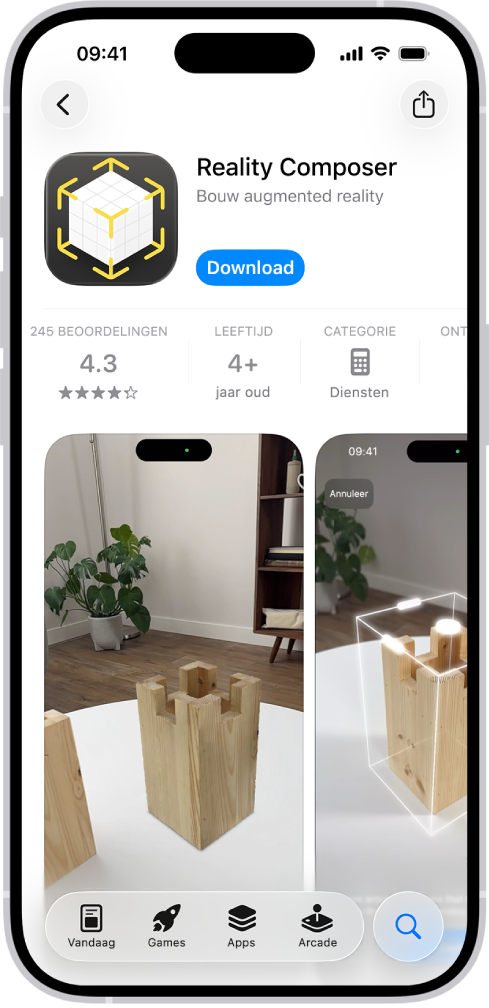 De informatiepagina van een app in de App Store. Op de pagina staan onder andere de knop 'Download', beoordelingen, leeftijdsclassificaties, de ontwikkelaar en schermafbeeldingen. Onderaan staan van links naar rechts de volgende knoppen: 'Vandaag', 'Games', 'Apps', 'Arcade' en 'Zoek'.
