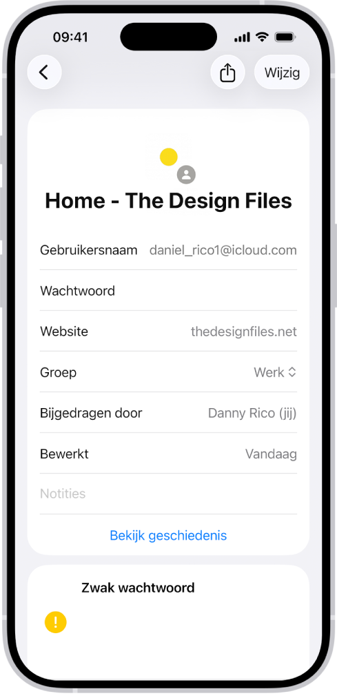 Een lijst met alle accounts met wachtwoorden die in de Wachtwoorden-app worden bewaard.