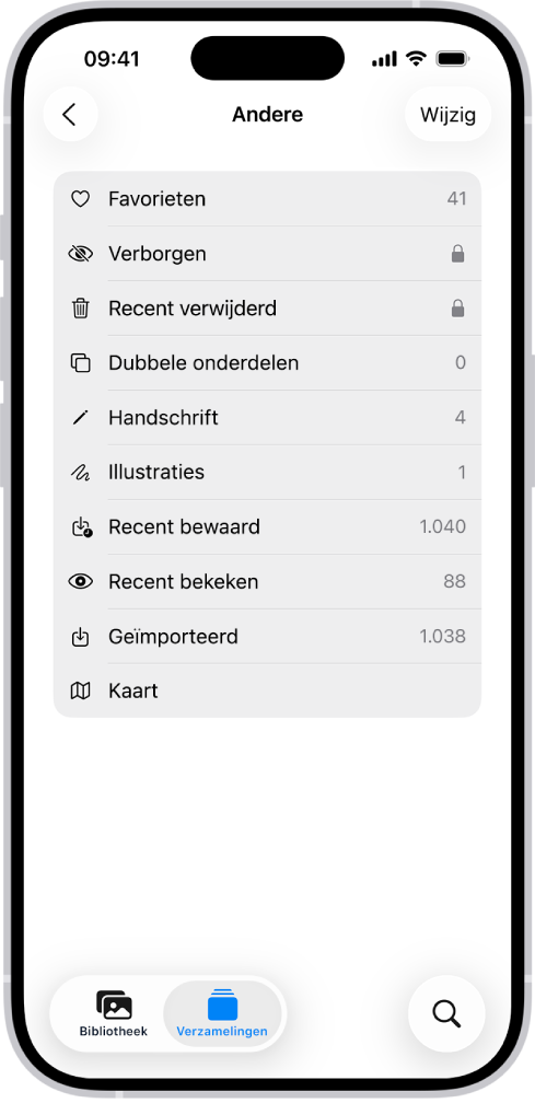 In de Foto's-app is de verzameling 'Andere' geopend met een lijst met fotoverzamelingen.