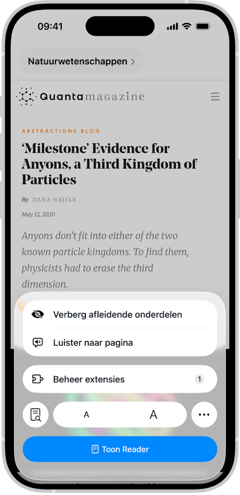 Een website is geopend in Safari, waarbij in het adresveld te zien is dat de Reader voor de website beschikbaar is.
