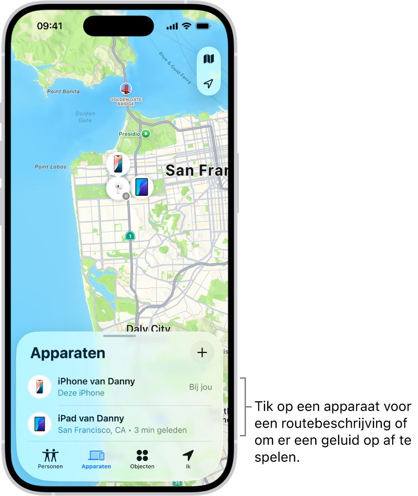 Het Zoek mijn-scherm waarin de lijst 'Apparaten' is geopend. Er staan twee apparaten in de lijst 'Apparaten': de iPhone en iPad van Dennis. Hun locaties worden op een kaart weergegeven.