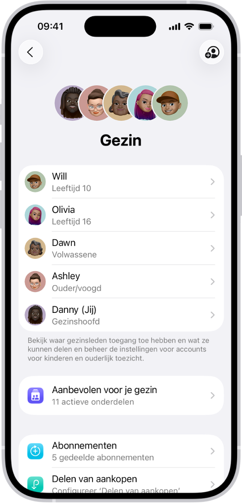 Het scherm 'Delen met gezin' in Instellingen. Er staan vijf gezinsleden in de lijst. Onder hun namen staat de lijst 'Checklist voor gezin' en daaronder staan de opties voor abonnementen en het delen van aankopen.