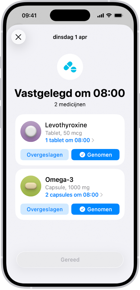 Het scherm 'Medicijnen' in Gezondheid, met vastgelegde medicijnen.